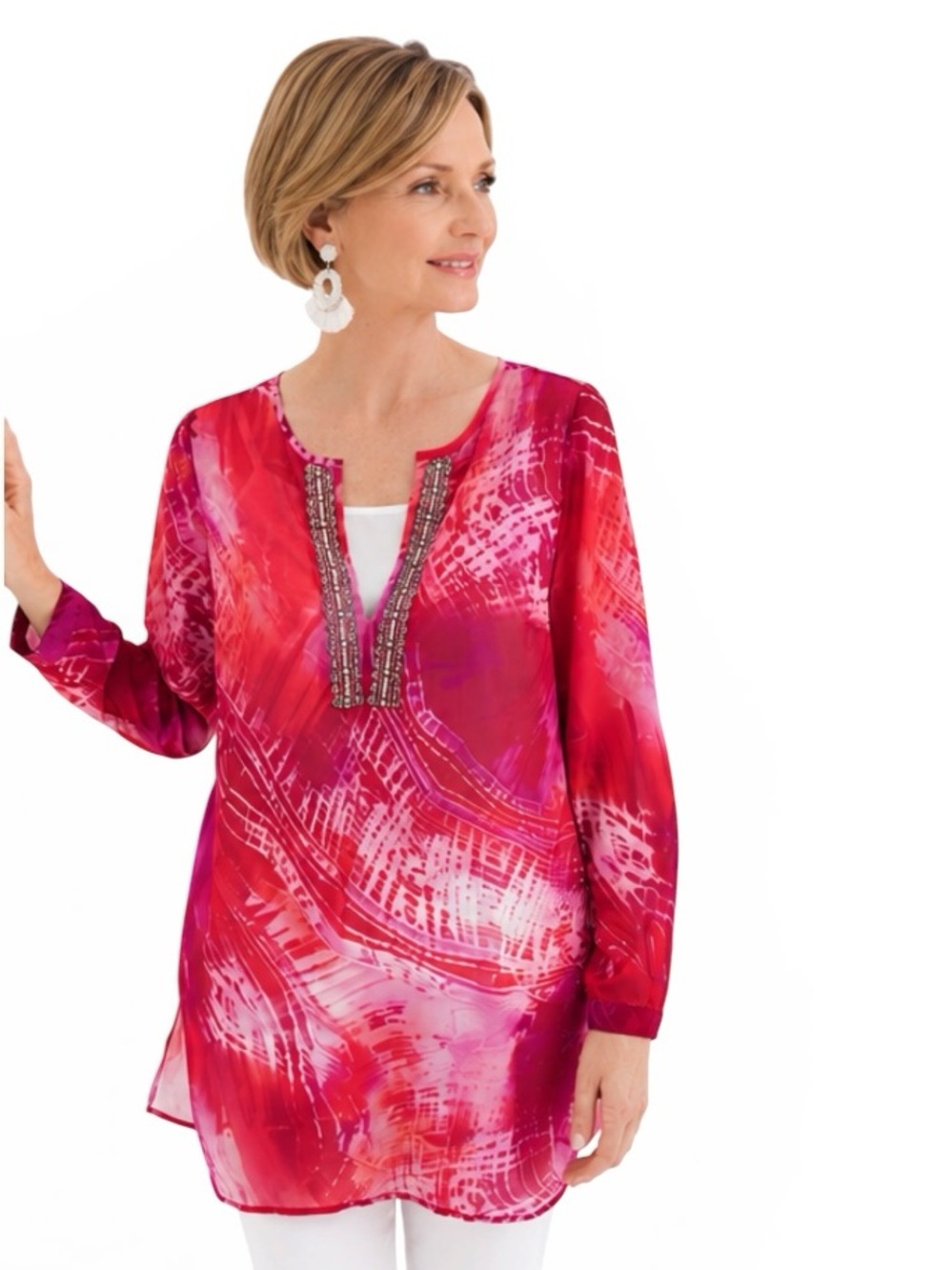 Chicos Tie Dye Chiffon Embellished Tunic Top. NWOT